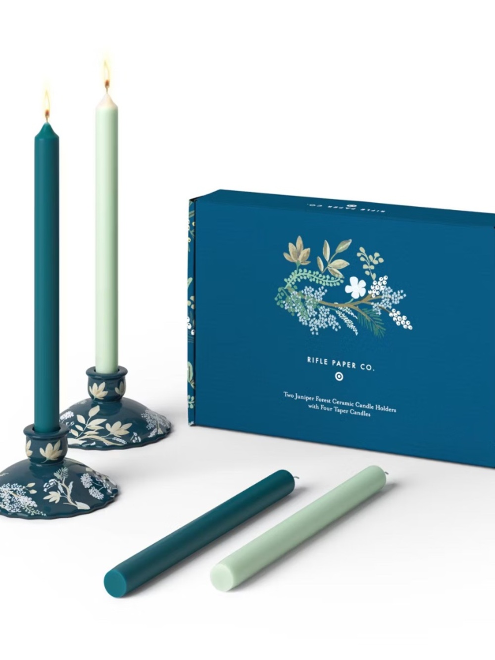 Rifle Paper Co Target Juniper Forest Candle Holders w/ Tapers Set